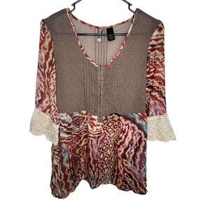 BKE Boutique Boho Lace Sleeve Flowy Sheer V-Neck Peasant Top With Clasp Front